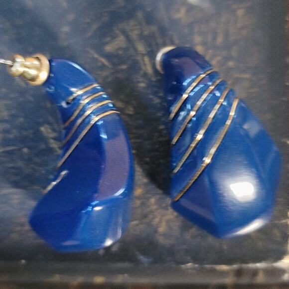Chic Cobalt Blue Pierced Earrings with Gold Stripes - Picture 3 of 10